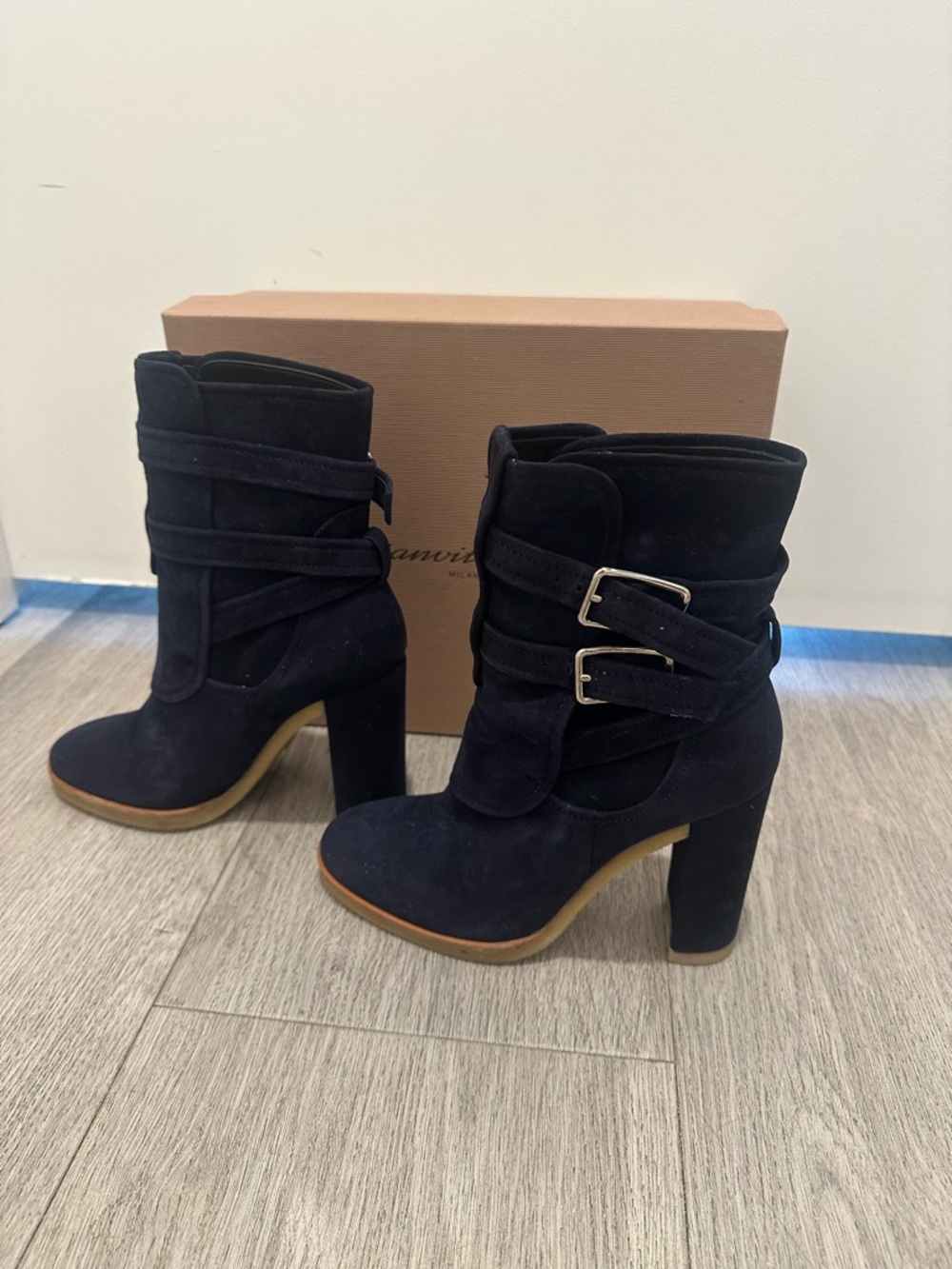 Gianvito Rossi Navy Blue Suede Buckle Strap Block Heel Ankle Boots